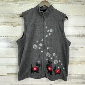Rebecca Malone Gray Fleece Zip‎ Vest Embroidered Scottie Dogs Snowflakes Size L
